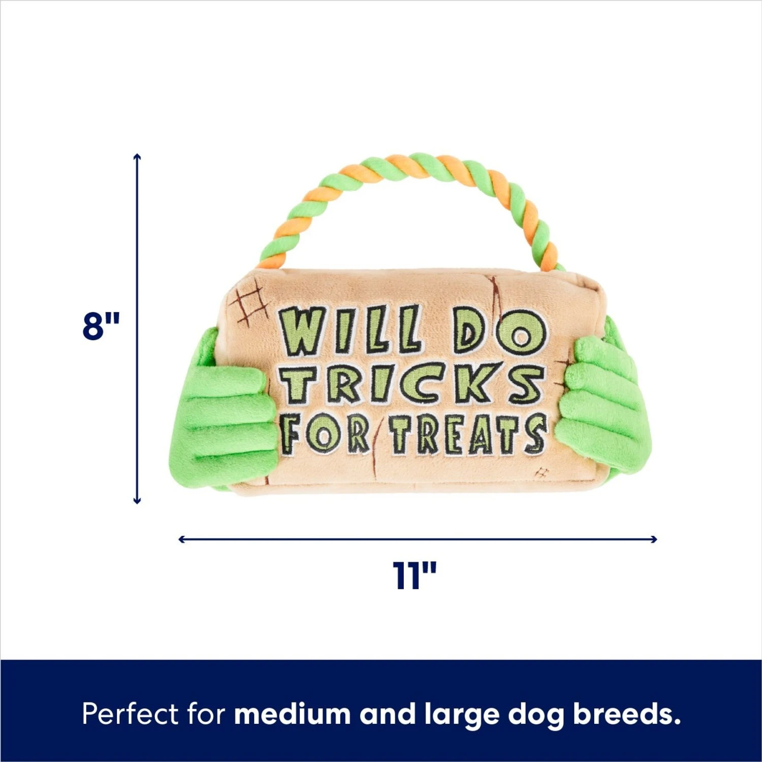 Frisco Halloween "Will Do Tricks For Treats" Sign Plush With Rope Squeaky Dog Toy 4 Frisco Halloween "Will Do Tricks For Treats" Sign Plush With Rope Squeaky Dog Toy - Image 2