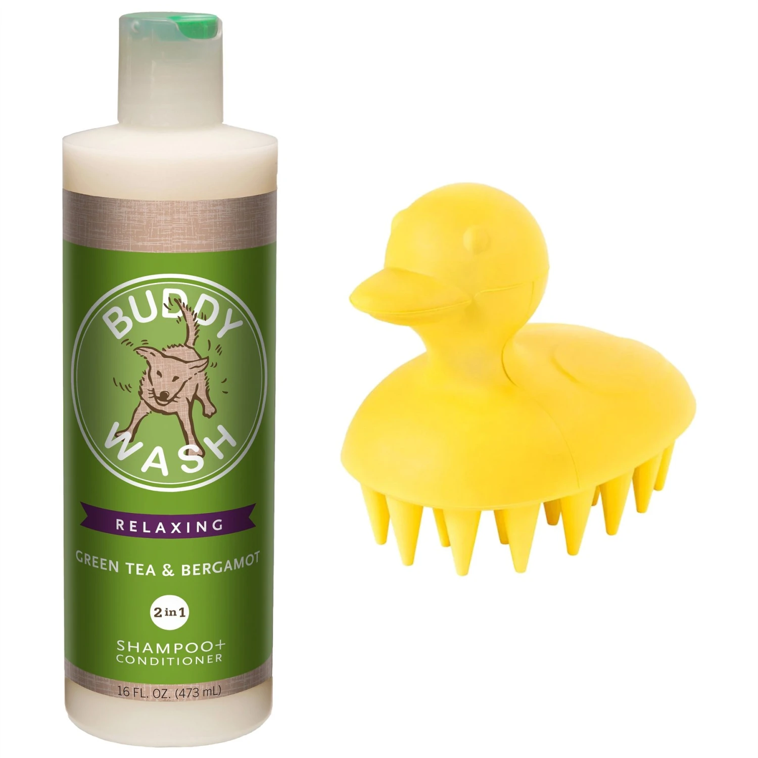 Buddy Wash Relaxing Green Tea & Bergamot Dog Shampoo & Conditioner & Frisco Rubber Duckie Dog & Cat Curry Brush 3 Buddy Wash Relaxing Green Tea & Bergamot Dog Shampoo & Conditioner & Frisco Rubber Duckie Dog & Cat Curry Brush