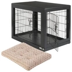 Frisco Double Door Furniture Style Dog Crate, Black & Frisco Swirl Dog Crate Mat